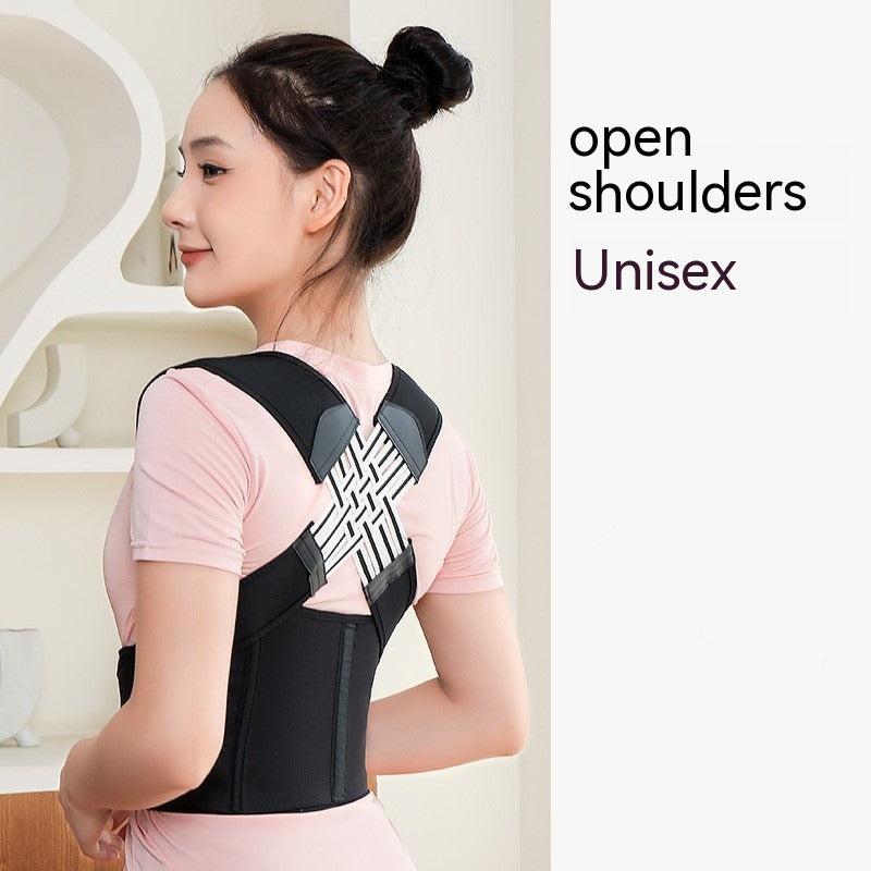 Unisex posture corrector worn on model: pink top with open-shoulder black brace