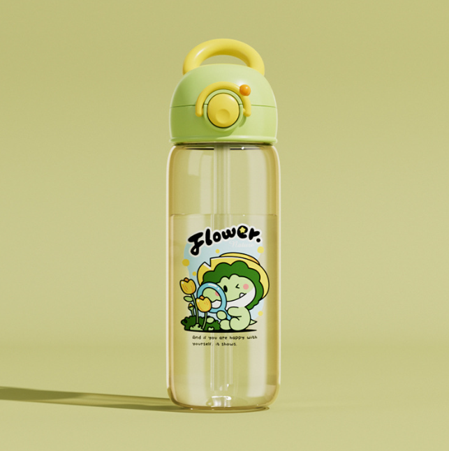 Kids whale water bottle, clear green body with flower graphic and hinged sippy lid