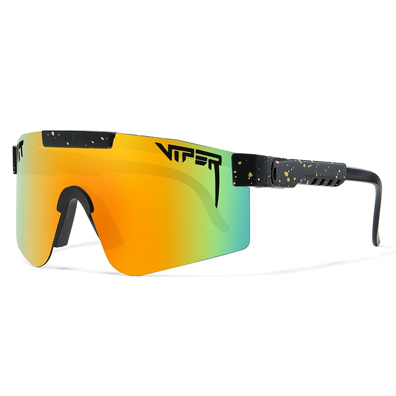 Women's sunglasses with orange mirrored lenses and speckled black frame
