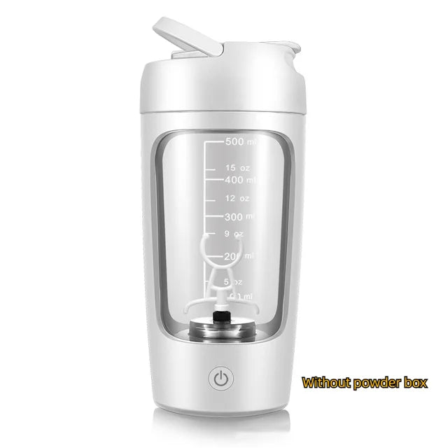 Electric shaker bottle, white translucent cup with flip lid, measurement marks, and mixing rod