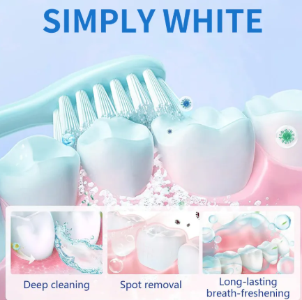 Teeth whitening powder graphic with mint toothbrush and bright white tooth models