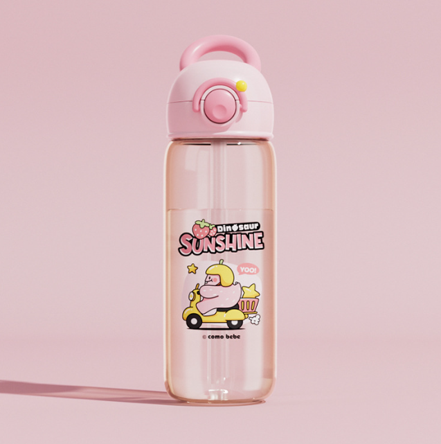 Kids whale water bottle, clear pink body with dinosaur sunshine graphic and sippy lid
