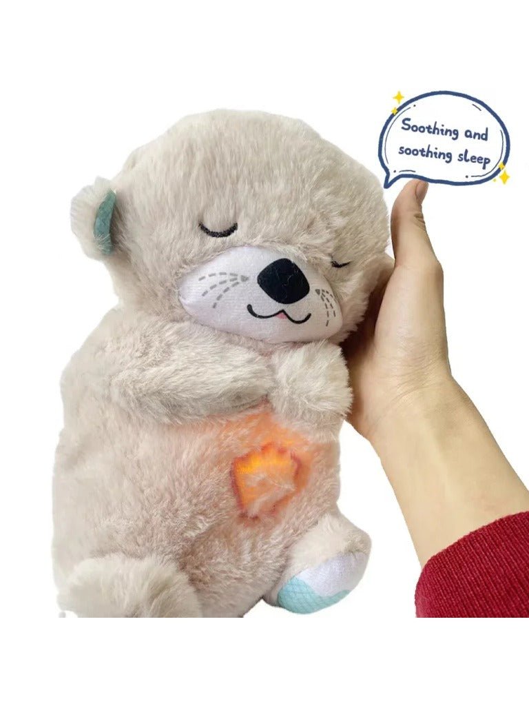 Soothing plush bear in light gray with closed eyes; glowing star light on chest