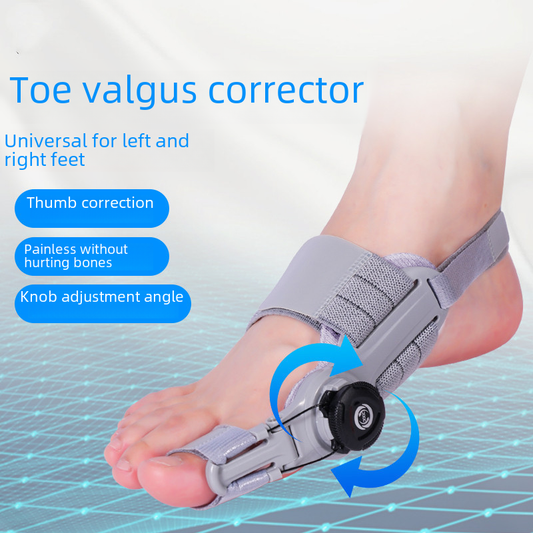 Gray bunion corrector brace on foot with adjustable knob and toe separator