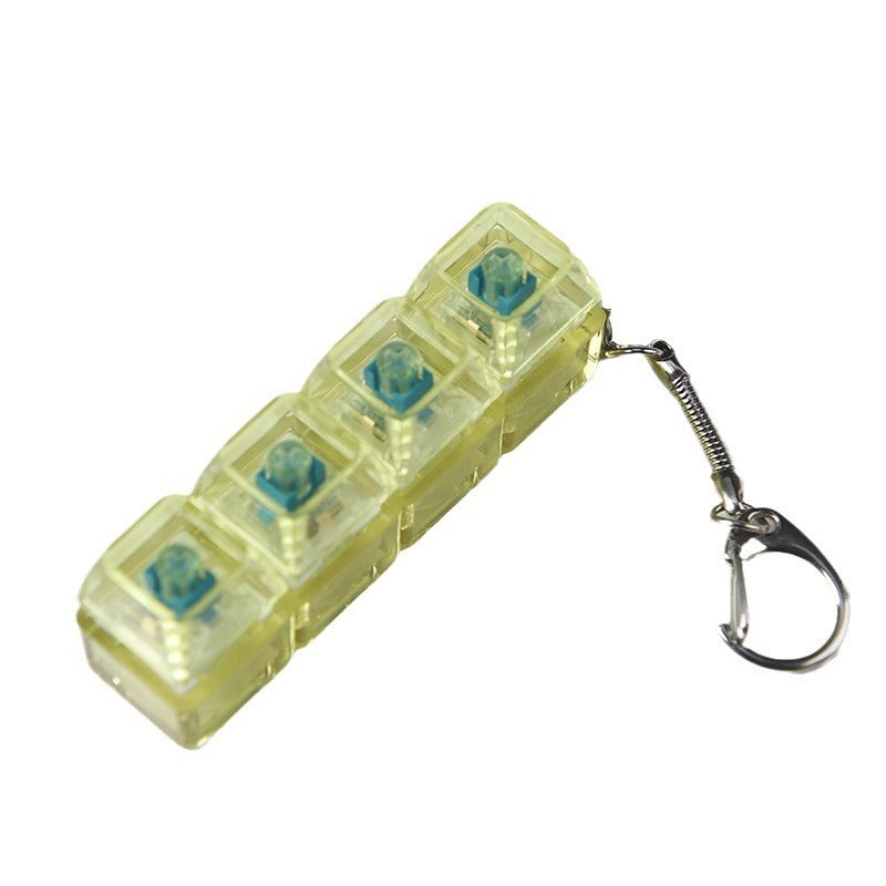 Light green transparent light-up shaft fidget toy with blue buttons and keychain ring