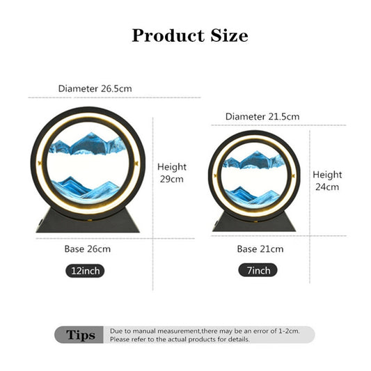 Quicksand table lamp size chart showing two circular ring lamps with sand scenes