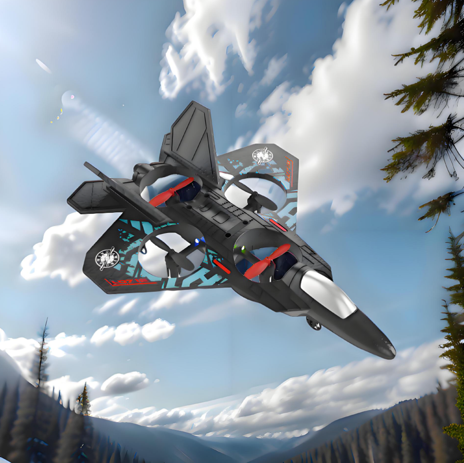 Black-and-gray RC fighter jet hovering in midair with glowing LEDs