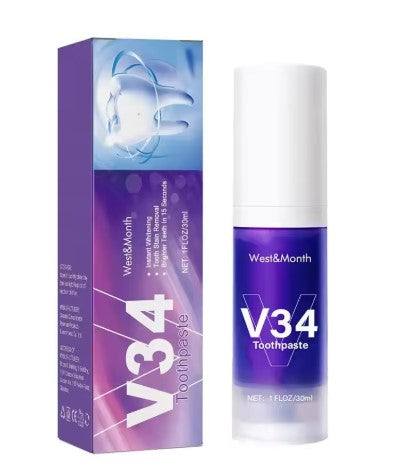 V34 tooth cleaning mousse whitening foam, purple and white bottle with box