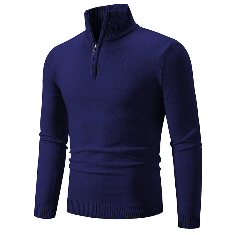 Men's fleece zip mock neck pullover sweater, navy blue half-zip