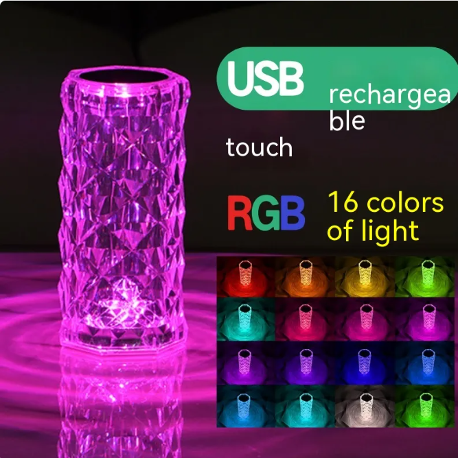 Magenta faceted crystal rose LED night light, cylindrical crystal glass design