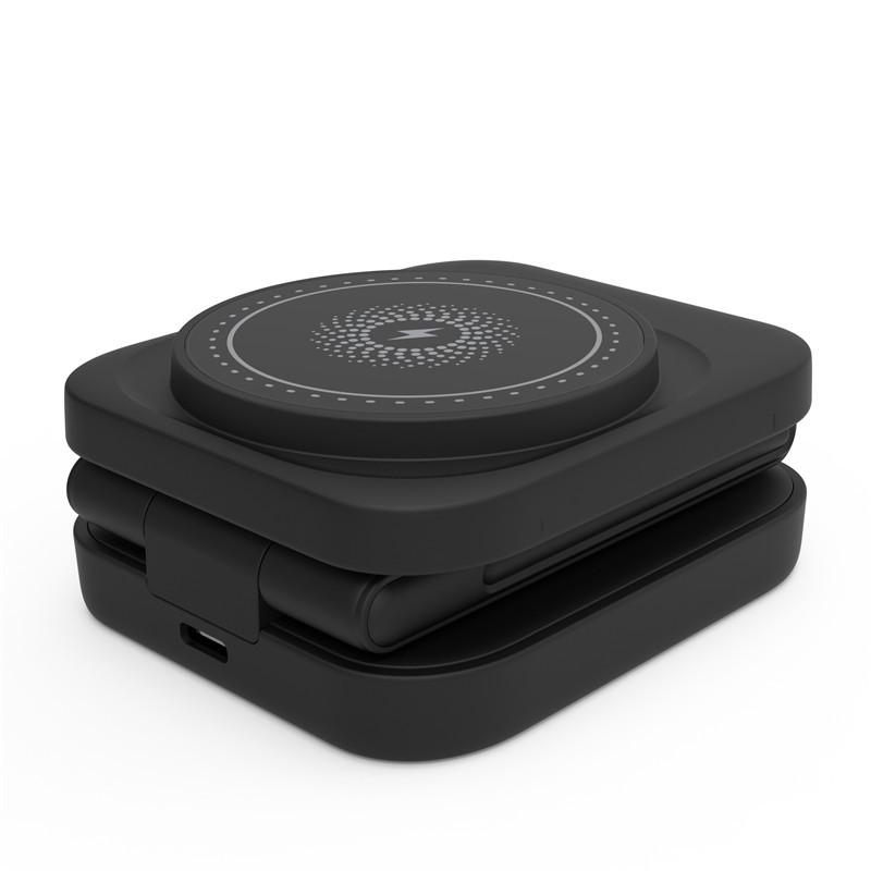 3-in-1 foldable magnetic wireless charging station, black base with two charging pads