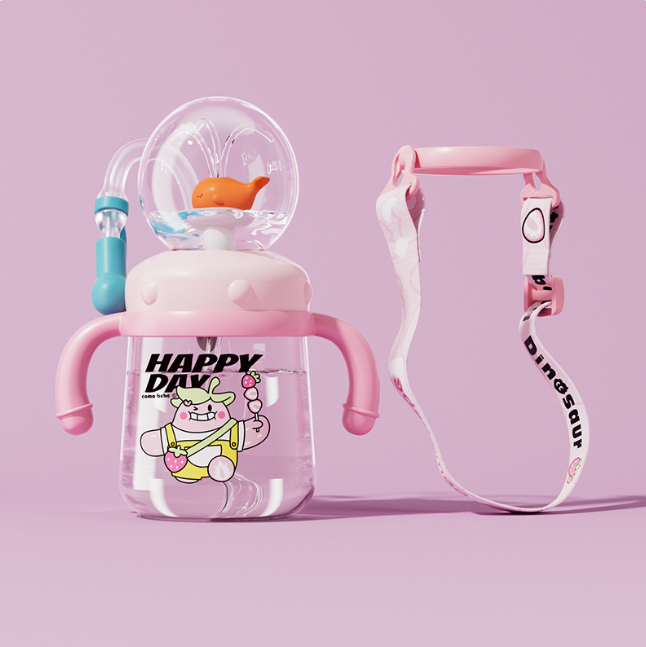 Kids whale sippy cup with clear Tritan body, pink lid, blue spout, and wrist strap