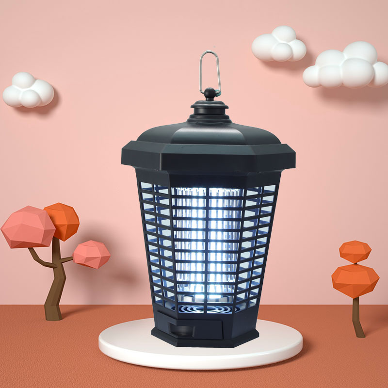 Black UV mosquito killer lamp with blue glowing trap grid on round base