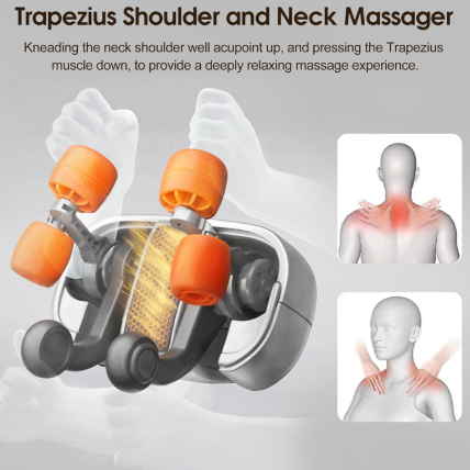 Neck and shoulder massager with orange kneading rollers and targeted heat area