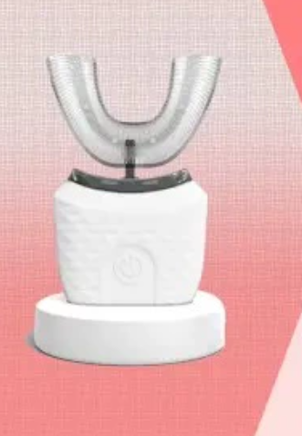 U-shaped ultrasonic toothbrush with white bristles on white base and visible power button