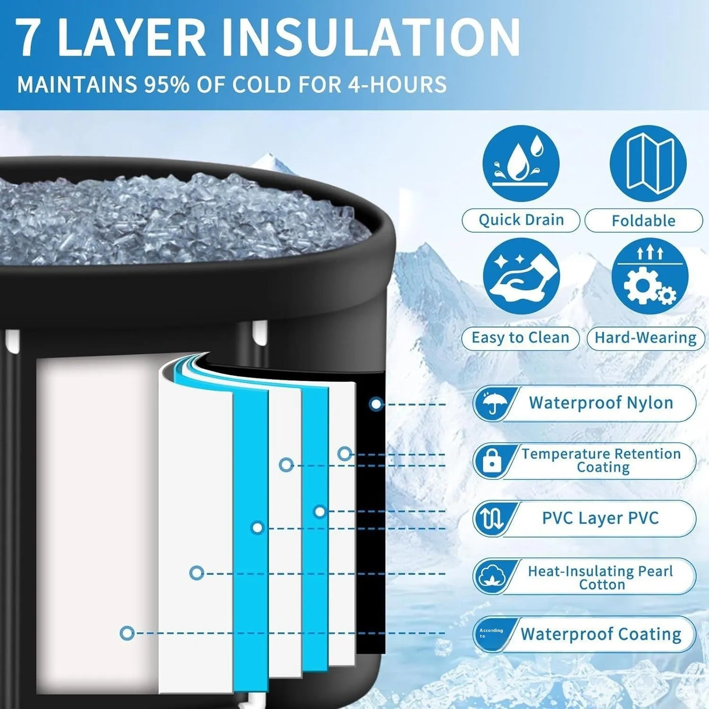 Black ice bath tub cutaway showing multi-layer insulation and quick-drain design