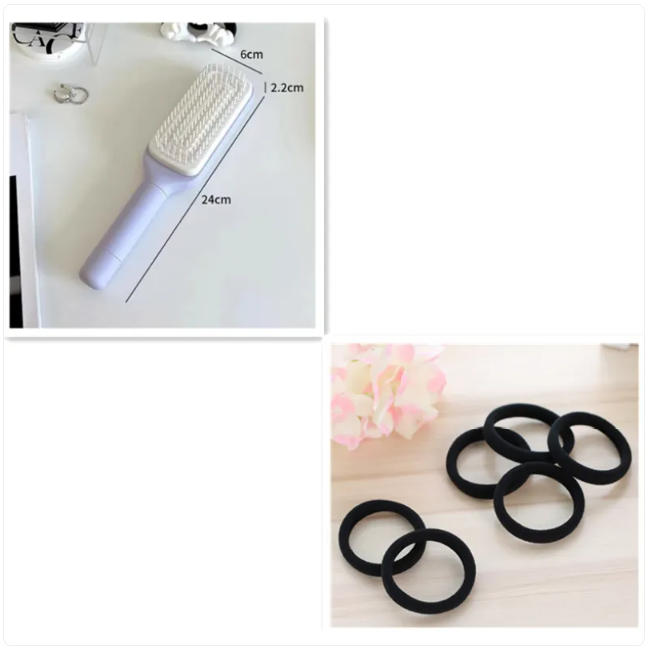 Self-cleaning hair brush with white bristle pad, pale purple handle, black hair ties