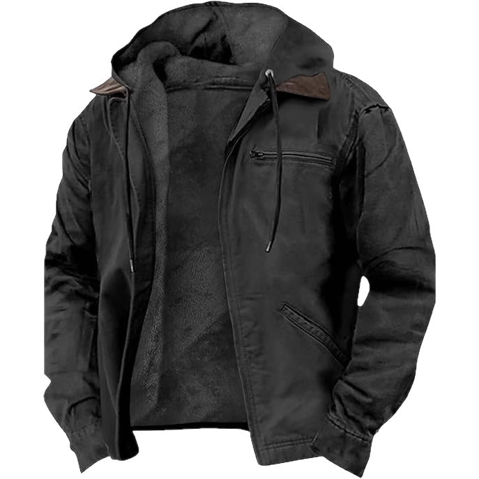 Fleece-lined zip-up hoodie jacket, black, hood, front zipper, side pockets