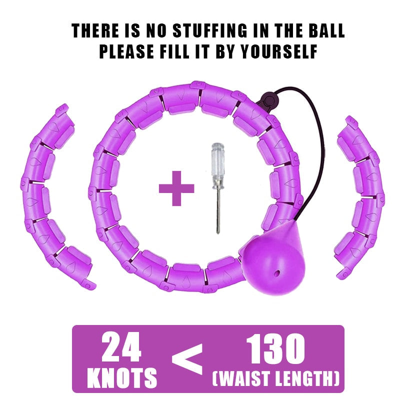 Purple weighted hula hoop with massage nodes, fillable ball pouch, and accessory pin