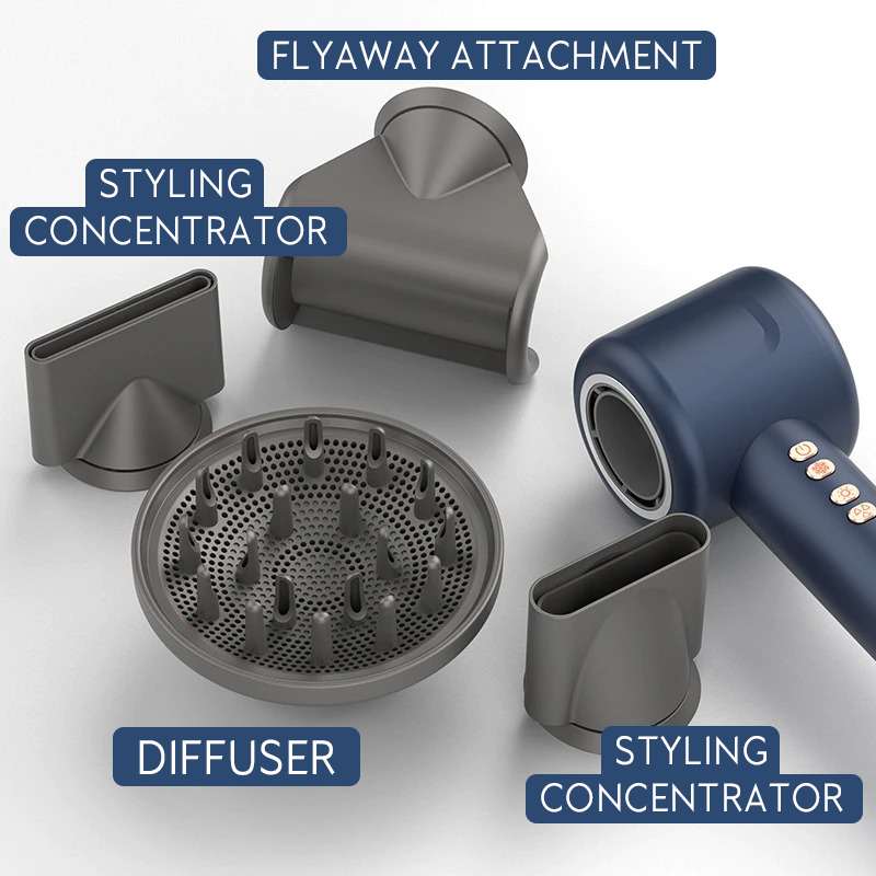 Hair dryer with styling concentrator and diffuser attachments, plus flyaway concentrator