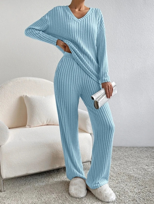 Light blue ribbed knit loungewear set with V-neck long sleeves and matching pants