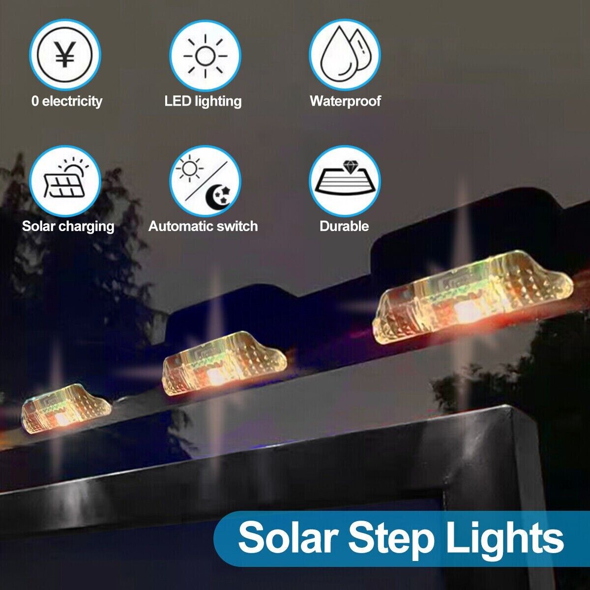 Solar step lights with warm LED strips and waterproof outdoor design