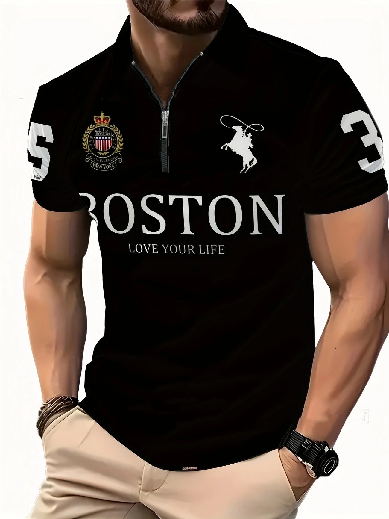 Black zip-up polo shirt with BOSTON text, white kangaroo logo, and crest patch on chest
