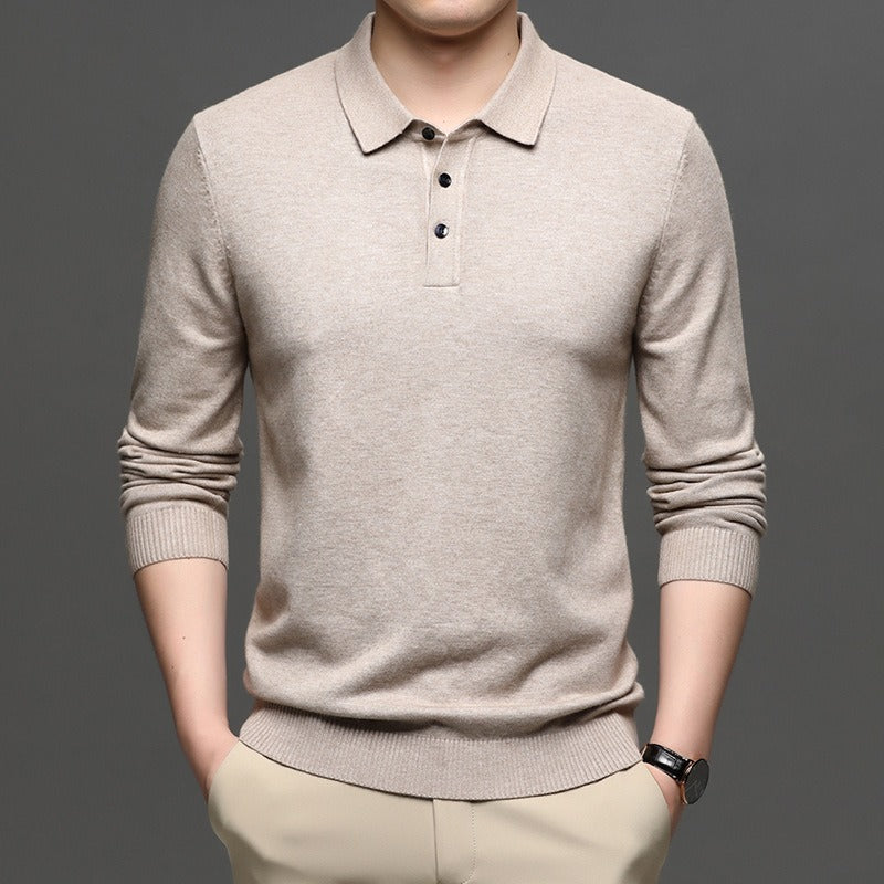 Beige knit polo sweater with lapel collar, button placket, ribbed cuffs and hem.