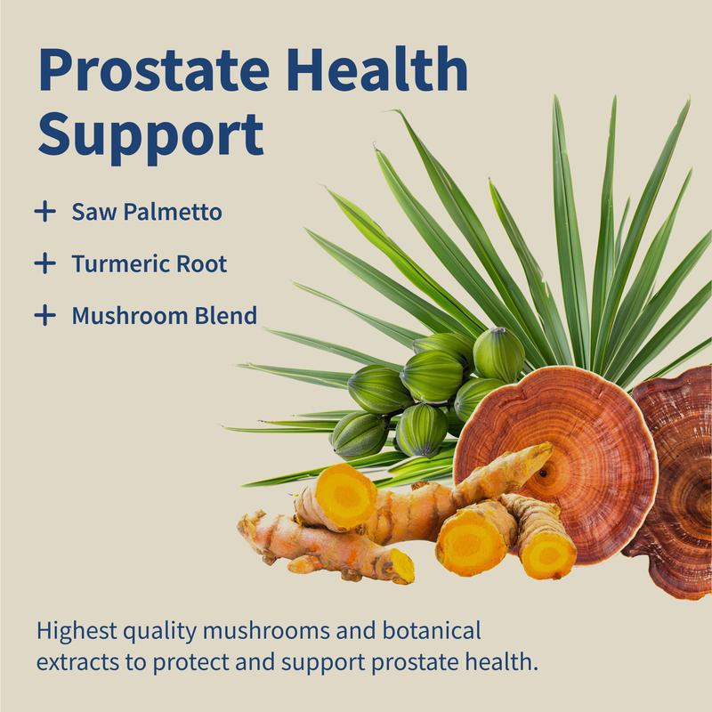 Prostate Health supplement bottle with wood cap and root herbs and turmeric slices