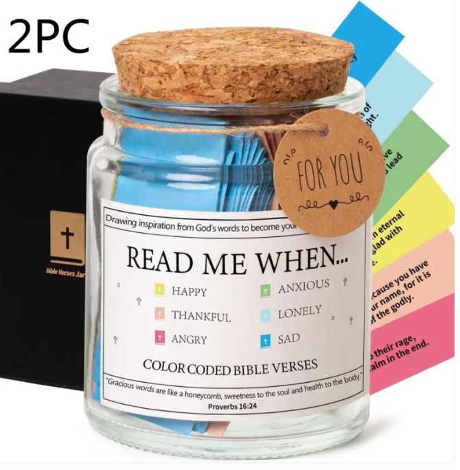 Glass scripture card jar with cork lid, “READ ME WHEN...” label, “FOR YOU” tag.