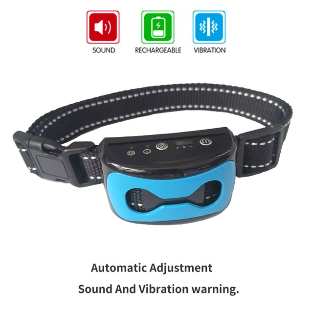 Black and blue ultrasonic anti-bark dog training collar with vibration and sound controls