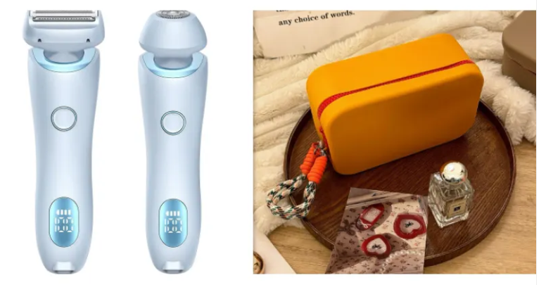 Electric duo body shaver set in light blue, with orange zip travel case