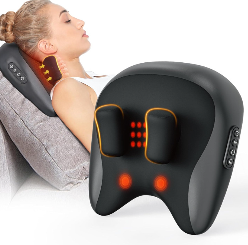 U-shaped neck and shoulder massage pillow with red heat lights and controller buttons