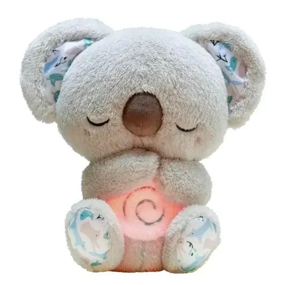 Soothing plush bear with closed eyes, soft light gray fur, glowing chest light panel