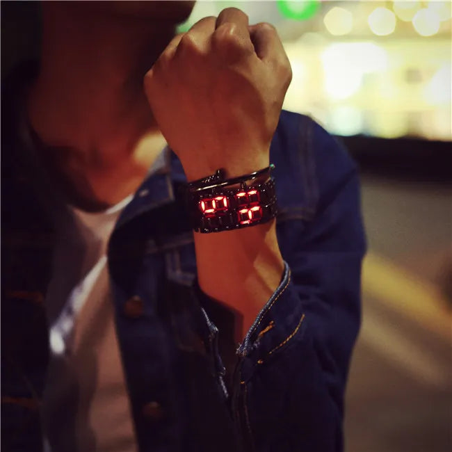 LED lava flow watch with red LED display on dark metal bracelet
