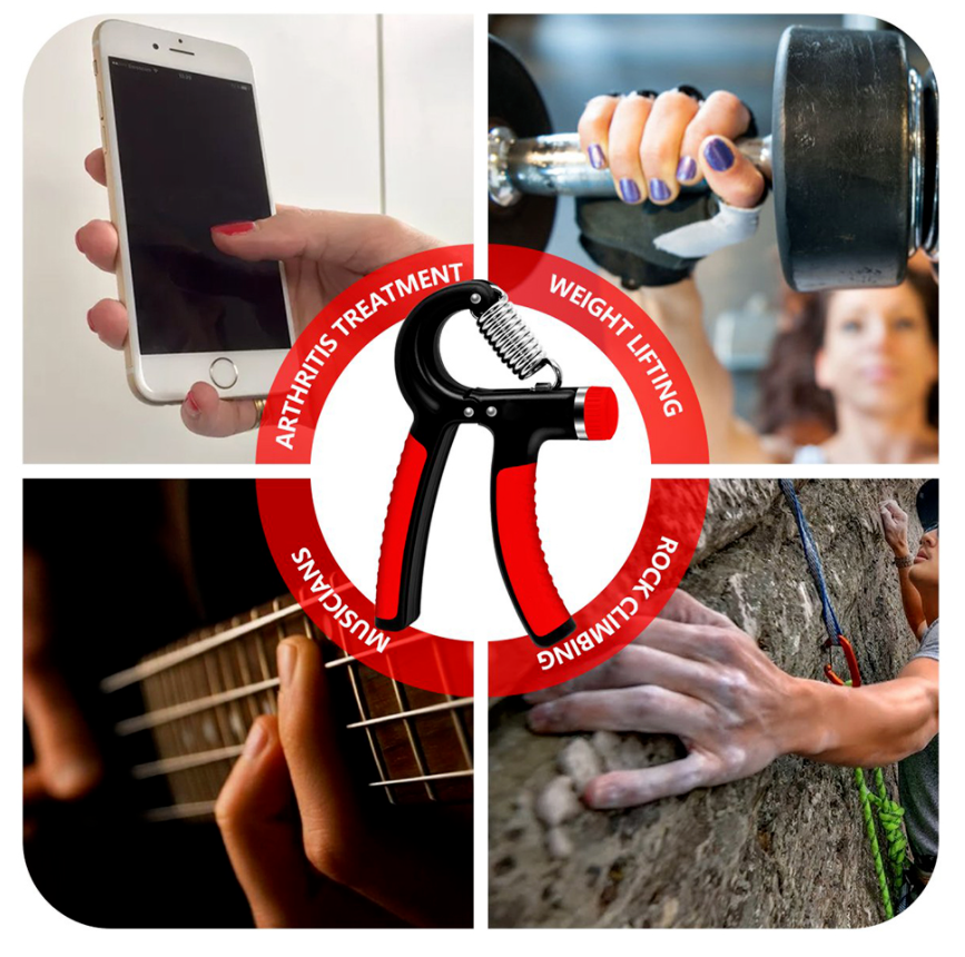 Red-and-black hand grip strength trainer with coiled steel spring and textured anti-slip handles