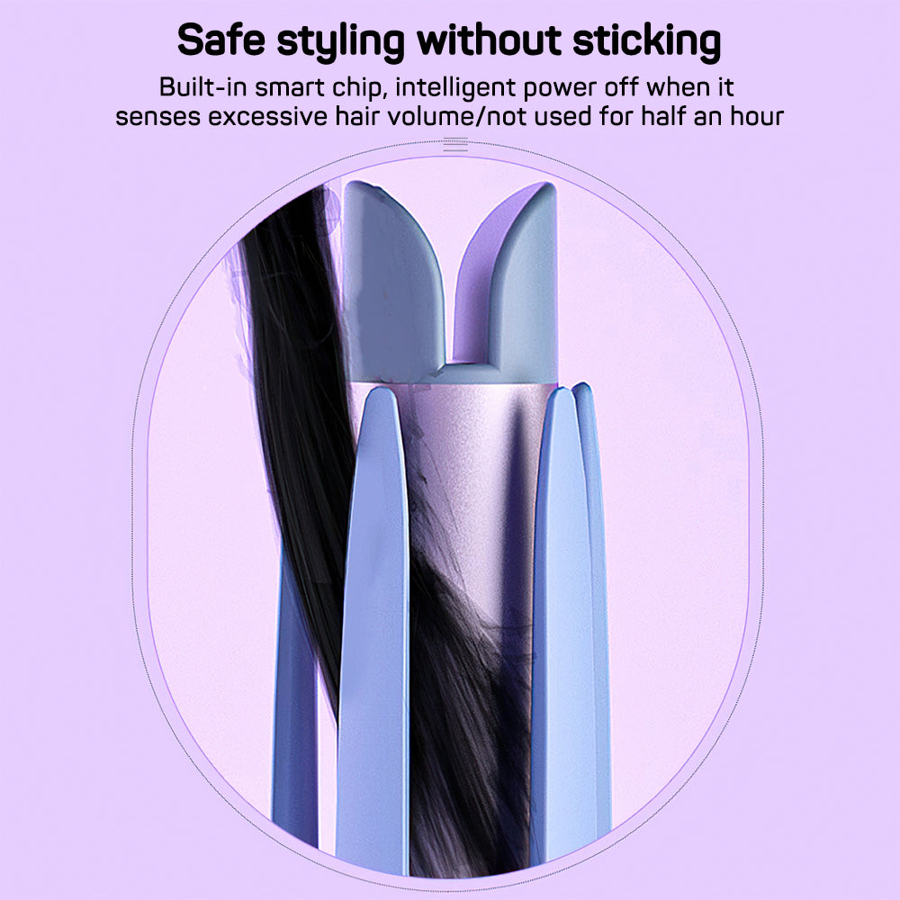 Automatic electric rotating hair curler with dark barrel and shiny silver clamp arms