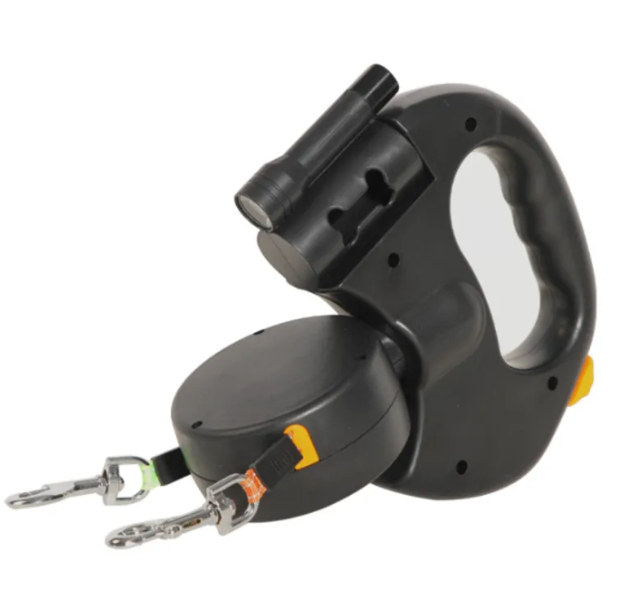 Dual retractable dog leash reel in black with two metal swivel clips and straps