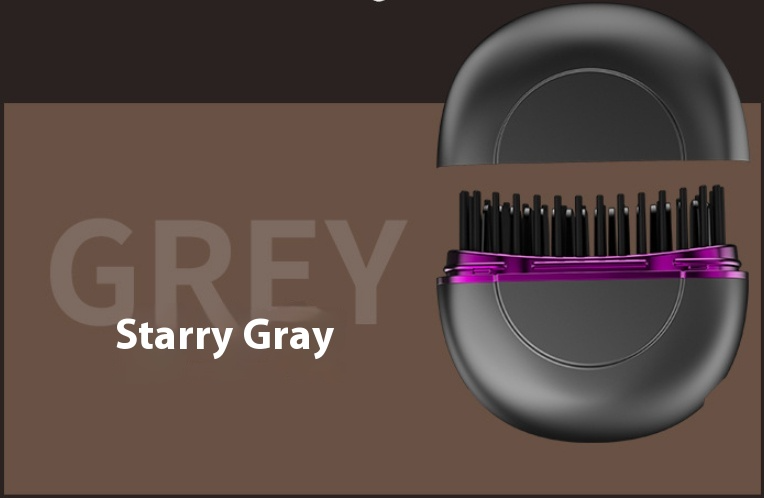 Grey portable ceramic hair straightener with purple trim and black comb teeth, angled view