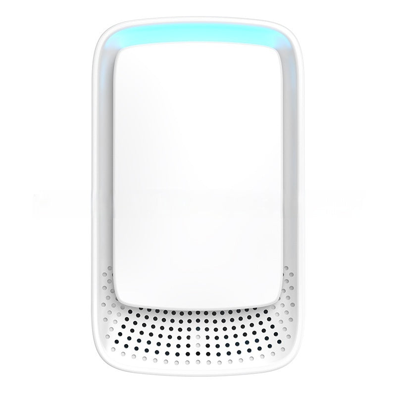 White plug-in air purifier front view with glowing blue top ring