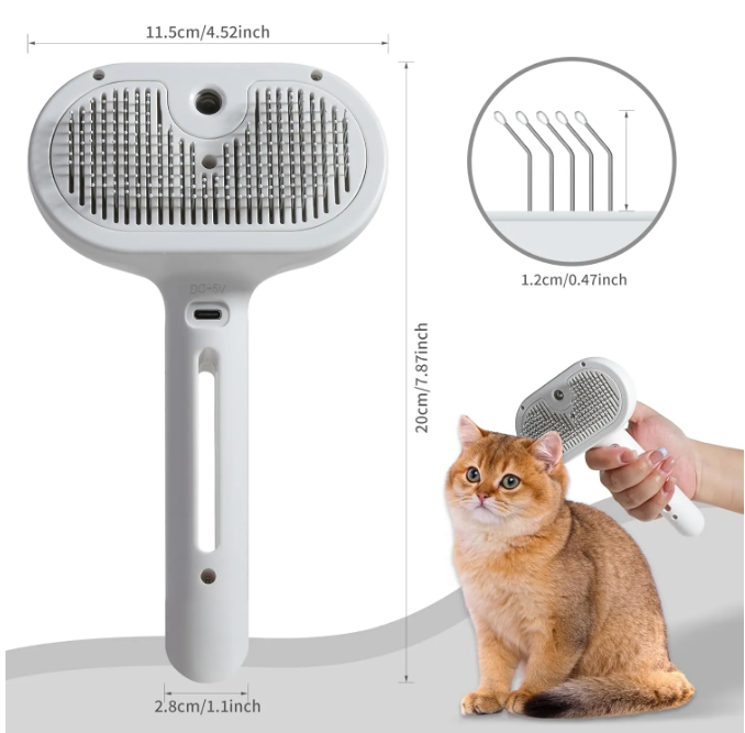 White grooming spray brush with water tank, showing pin-bristle head and dimensions