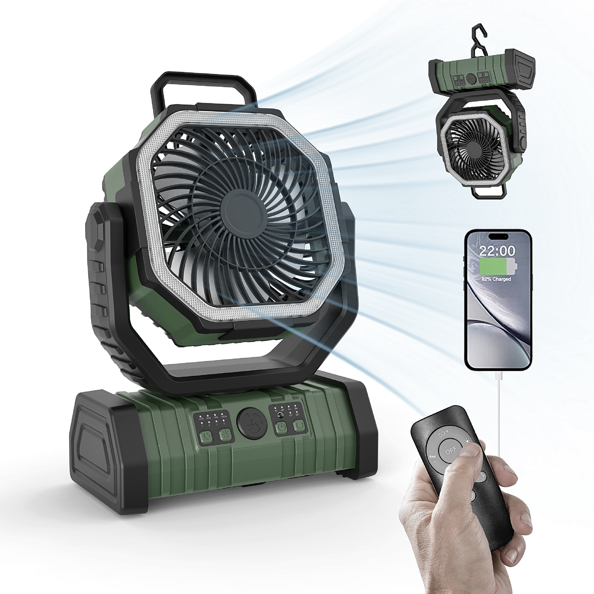 Dark green portable camping fan with power bank, remote in hand and phone display