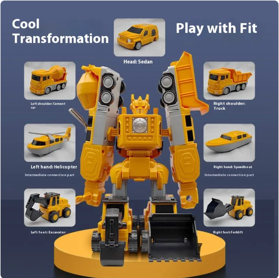 Yellow transforming robot figure with vehicle accessory arms and excavator bucket