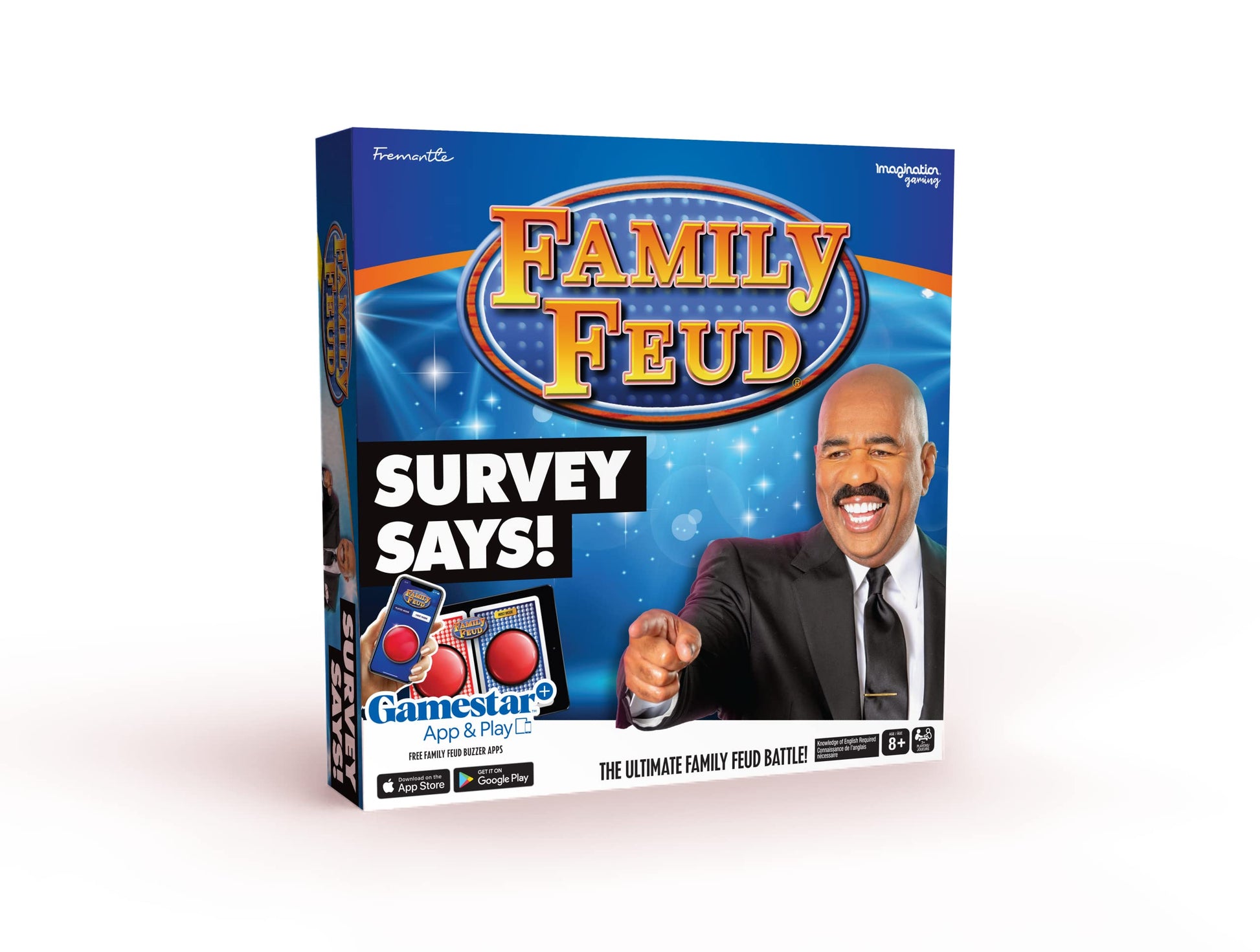 Board game box front with 'Survey Says!' and host portrait