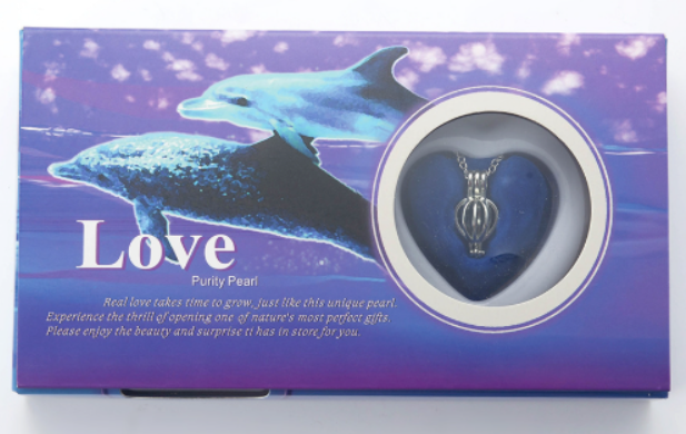Wish pearl necklace gift box with blue dolphin scene and heart pendant in round display