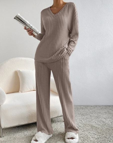 2-piece ribbed knit lounge set, V-neck long-sleeve top and wide-leg pants in light brown