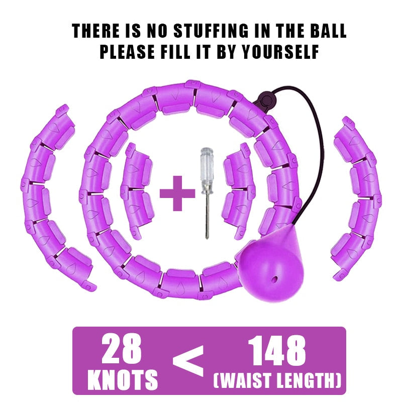 Purple weighted hula hoop with massage nodes, fillable ball pouch, and accessory pin