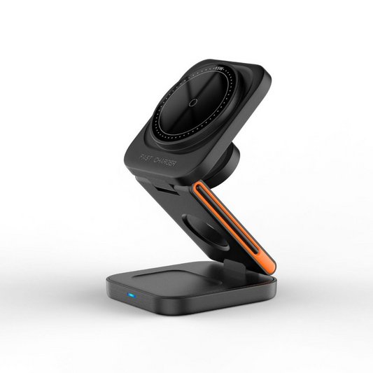 Foldable wireless charger stand with watch disc and phone cradle, black with orange stripe.