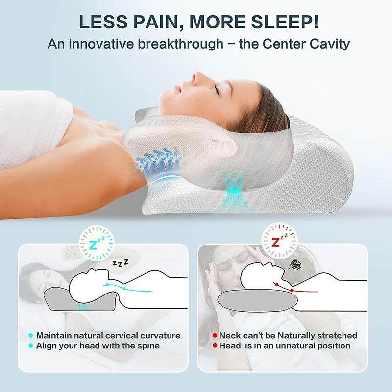 Memory foam cervical neck pillow, white with gray mesh side panels and center cavity support