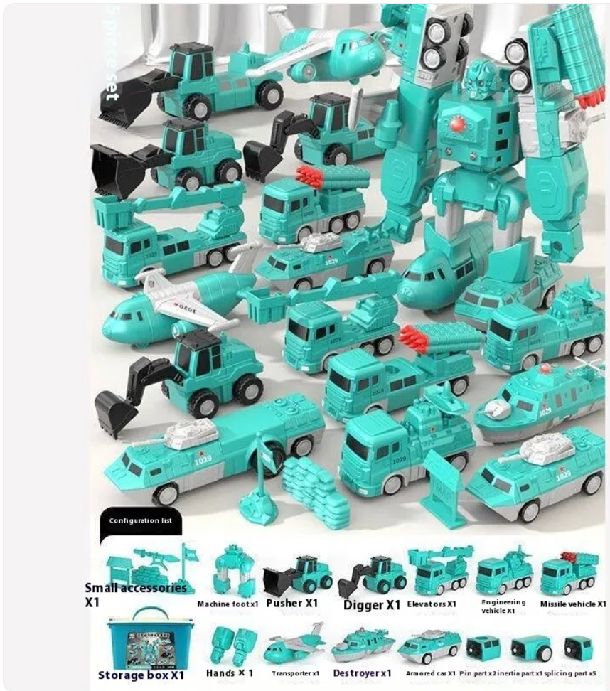 Teal magnetic engineering vehicle set with robot figure and small trucks